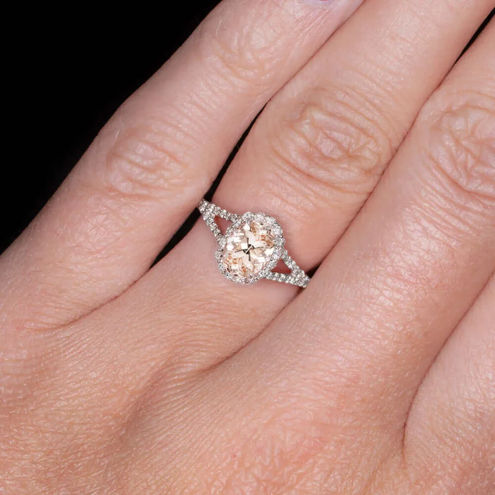 1.23ct OVAL MORGANITE DIAMOND 0.42ct ENGAGEMENT RING HALO SPLIT SHANK WHITE GOLD