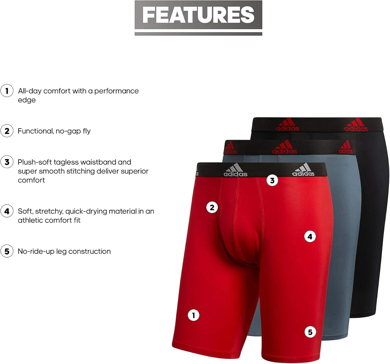 adidas Men's Performance 3-Pack Long Boxer Brief, Underwear Boxer Briefs - 3-Pack Long Men's Underwear Pack