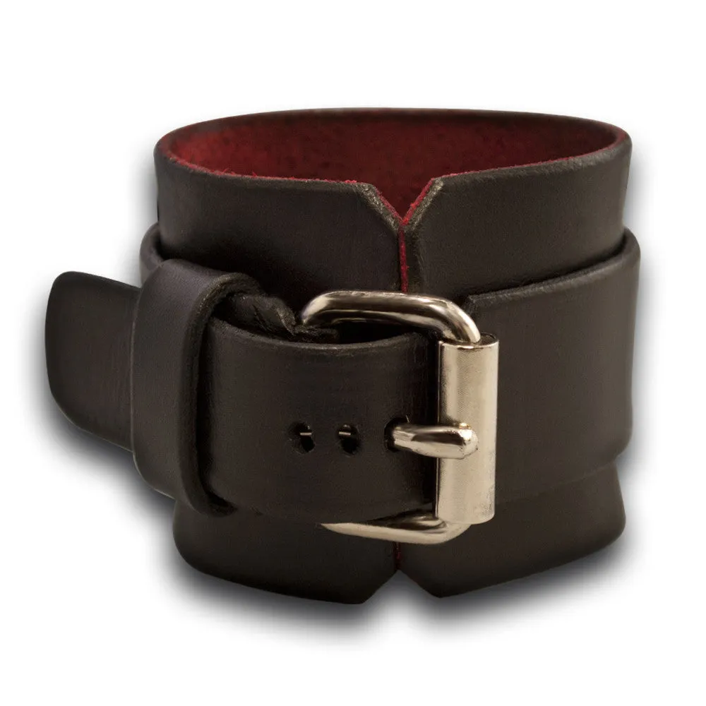Black Leather Cuff Watch with Red Watch Face & Stainless Buckle