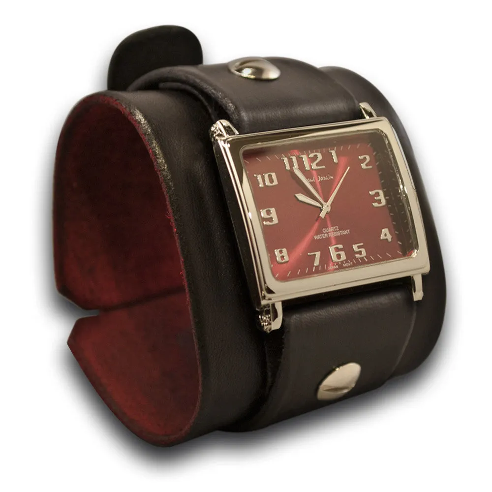 Black Leather Cuff Watch with Red Watch Face & Stainless Buckle