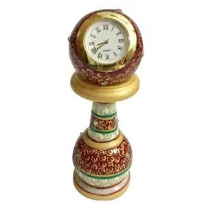 Craft Decorative Pillar Shape Round Marble Clock for Home | Table Top Handicraft Home Decor Designer Watch with Rajasthani Meenakari Work for Office (Multicolor)