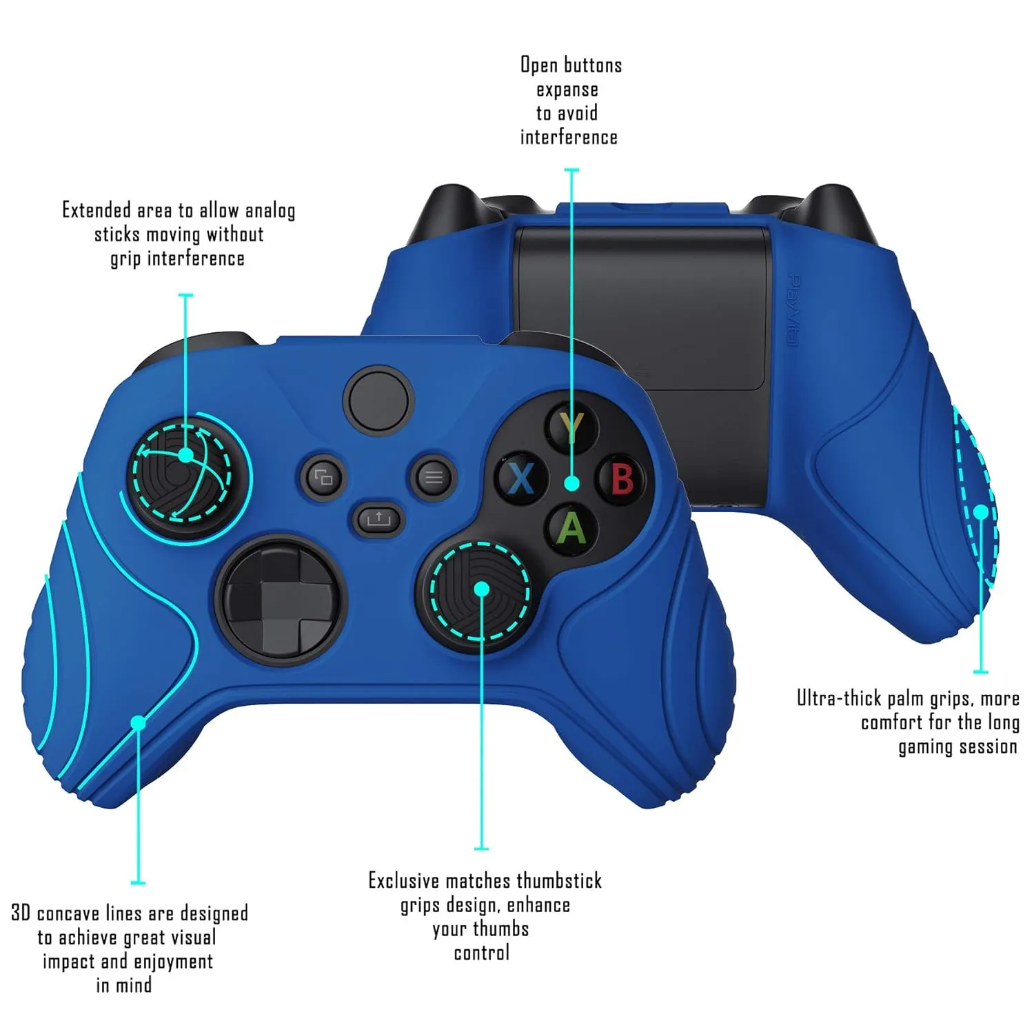 eXtremeRate PlayVital Samurai Edition Blue Anti-slip Controller Grip Silicone Skin for Xbox Core Controller, Ergonomic Soft Rubber Protective Case Cover for Xbox Series S/X Controller w/Thumb Grips