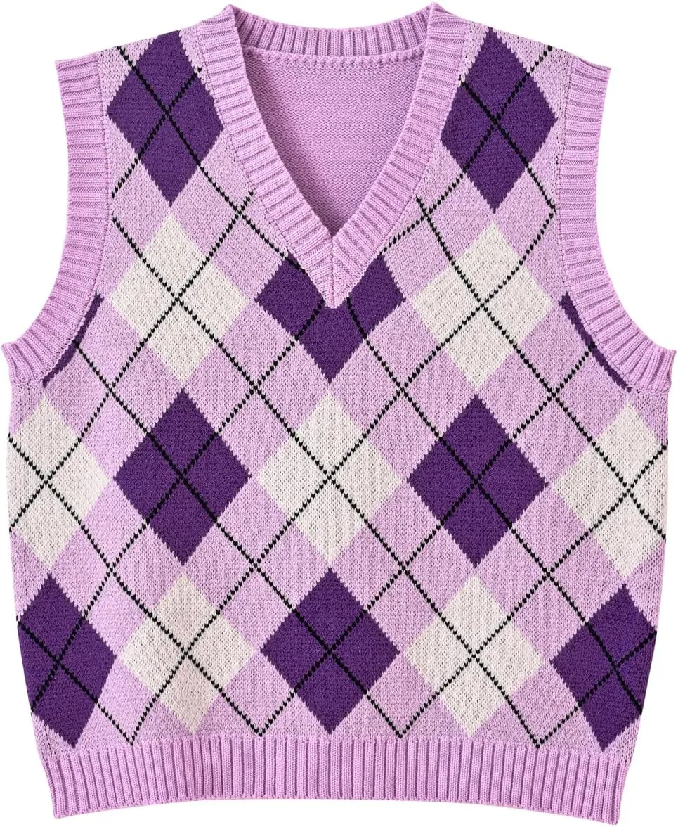 Hyipels Women's Sweater Vest,Y2K Sleeveless Pattern Preppy Style Knitted Crop Tank Top for Girl