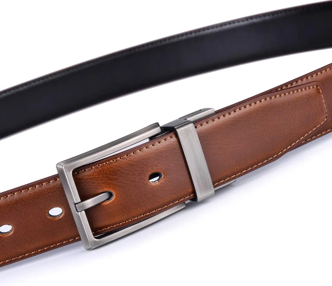 Men's Dress Belt Leather Reversible 1.25" Wide Rotated Buckle Gift Box