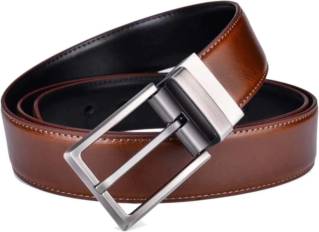 Men's Dress Belt Leather Reversible 1.25" Wide Rotated Buckle Gift Box