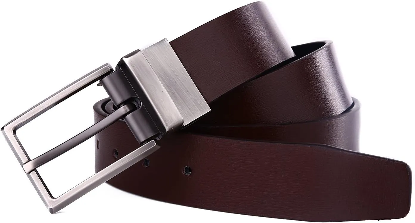 Men's Dress Belt Leather Reversible 1.25" Wide Rotated Buckle Gift Box