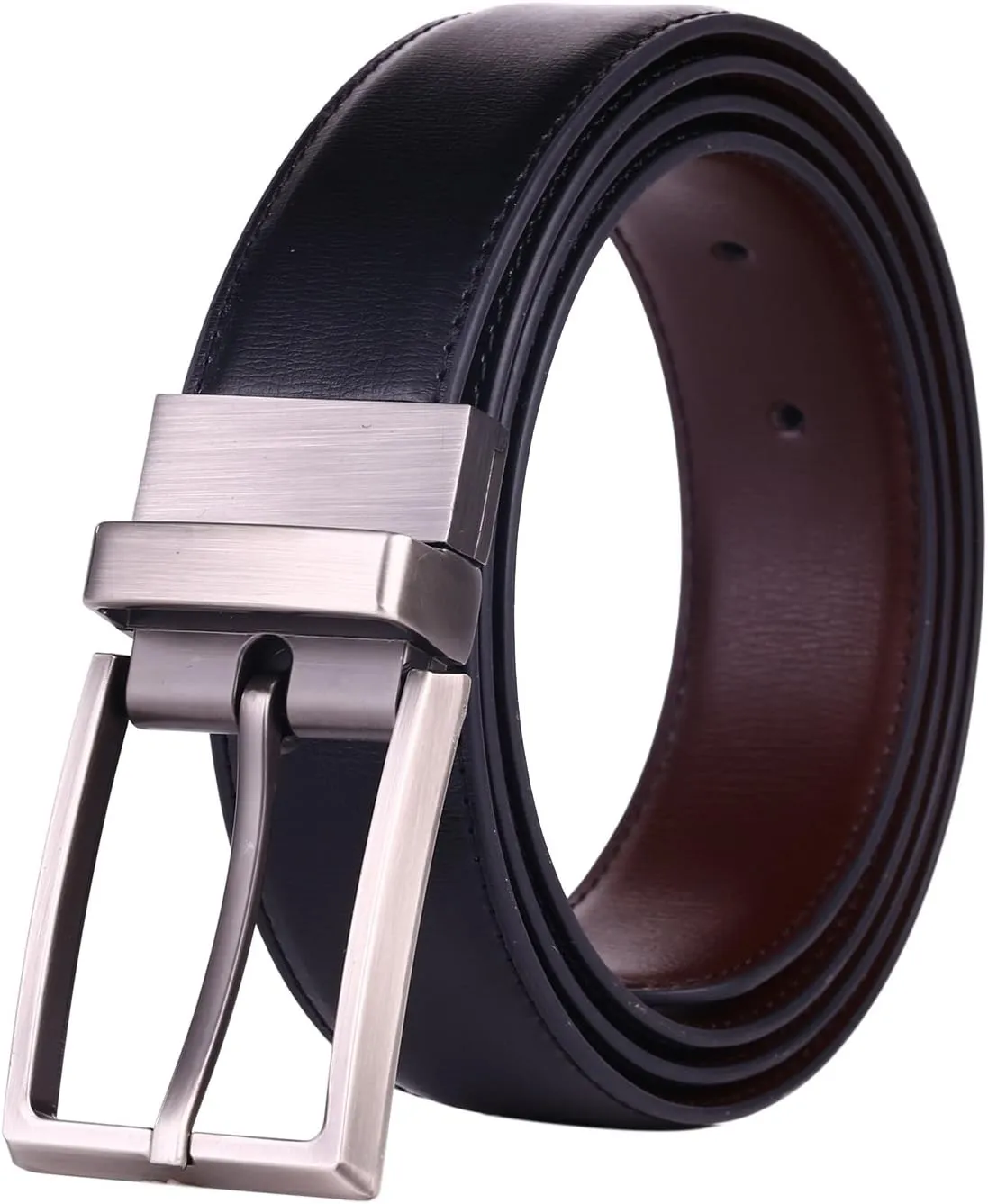 Men's Dress Belt Leather Reversible 1.25" Wide Rotated Buckle Gift Box