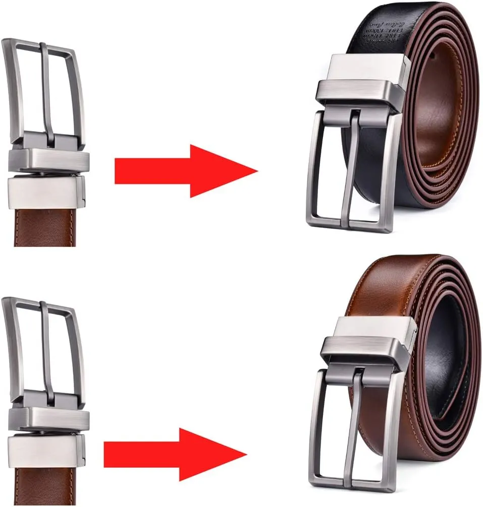 Men's Dress Belt Leather Reversible 1.25" Wide Rotated Buckle Gift Box
