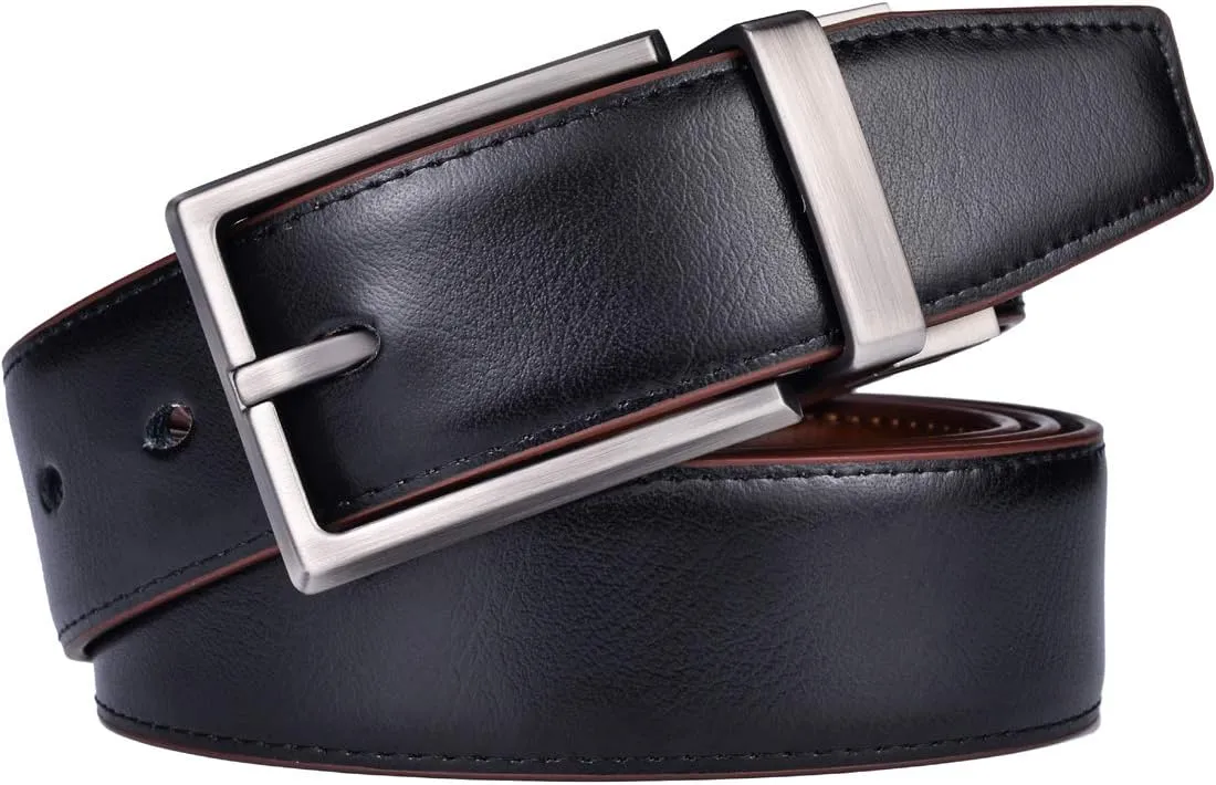 Men's Dress Belt Leather Reversible 1.25" Wide Rotated Buckle Gift Box