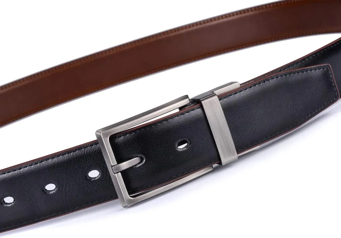 Men's Dress Belt Leather Reversible 1.25" Wide Rotated Buckle Gift Box