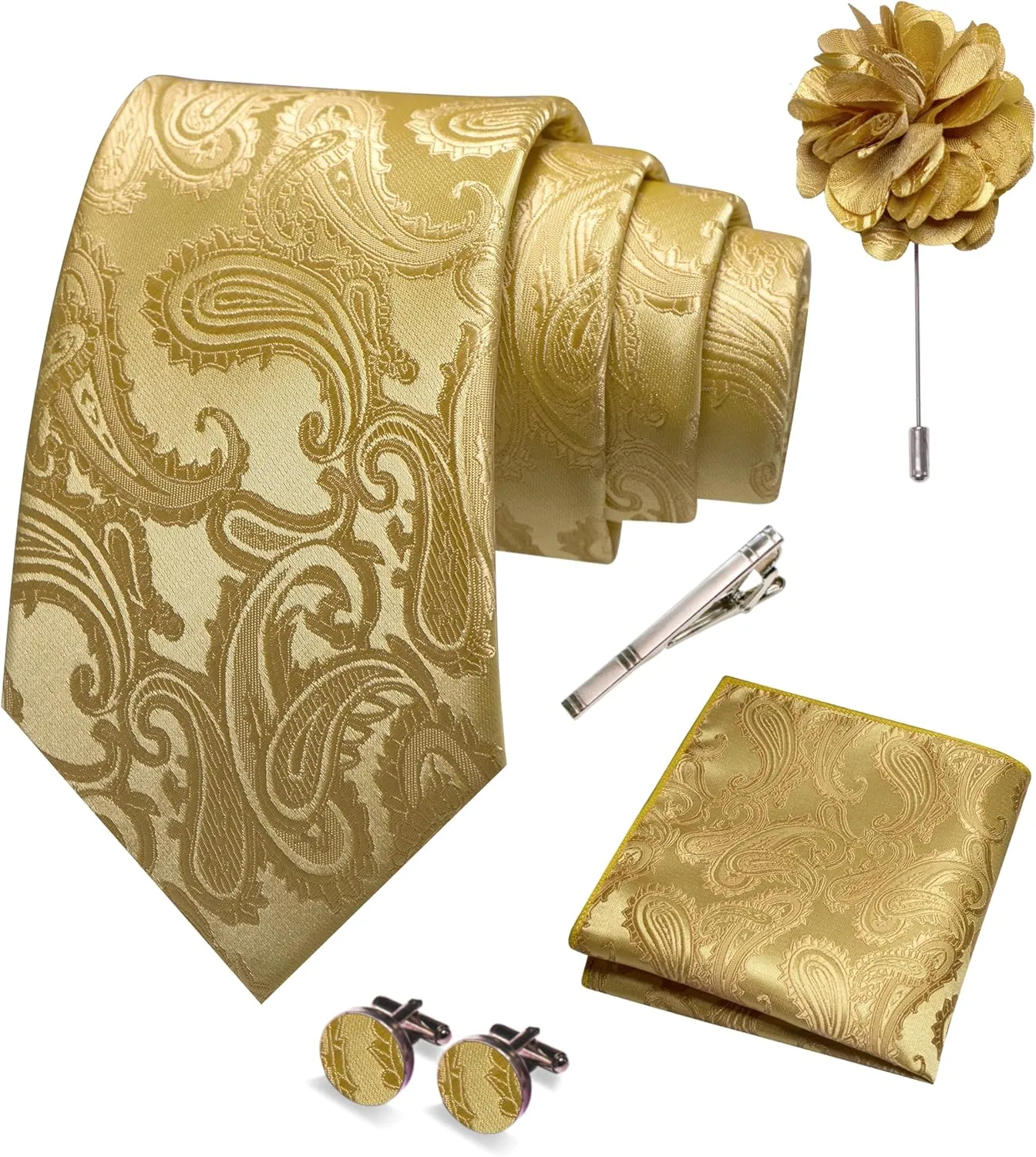 Mens Paisley Tie and Pocket Square,Lapel Pin,Cufflinks,Tie Clip Sets with Gift Box 5PCS