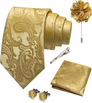 Mens Paisley Tie and Pocket Square,Lapel Pin,Cufflinks,Tie Clip Sets with Gift Box 5PCS