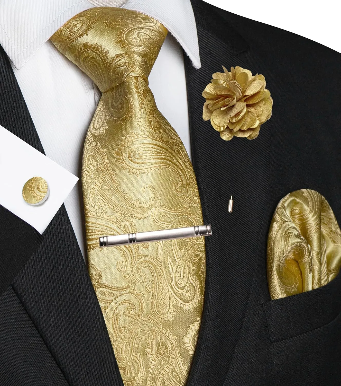Mens Paisley Tie and Pocket Square,Lapel Pin,Cufflinks,Tie Clip Sets with Gift Box 5PCS