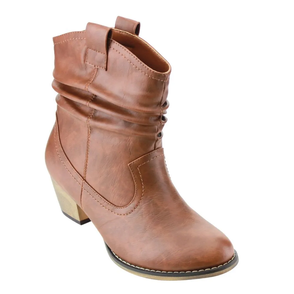 Refresh AD43 Women's Western Cowgirl Pull On Block Heel Slouchy Ankle Booties