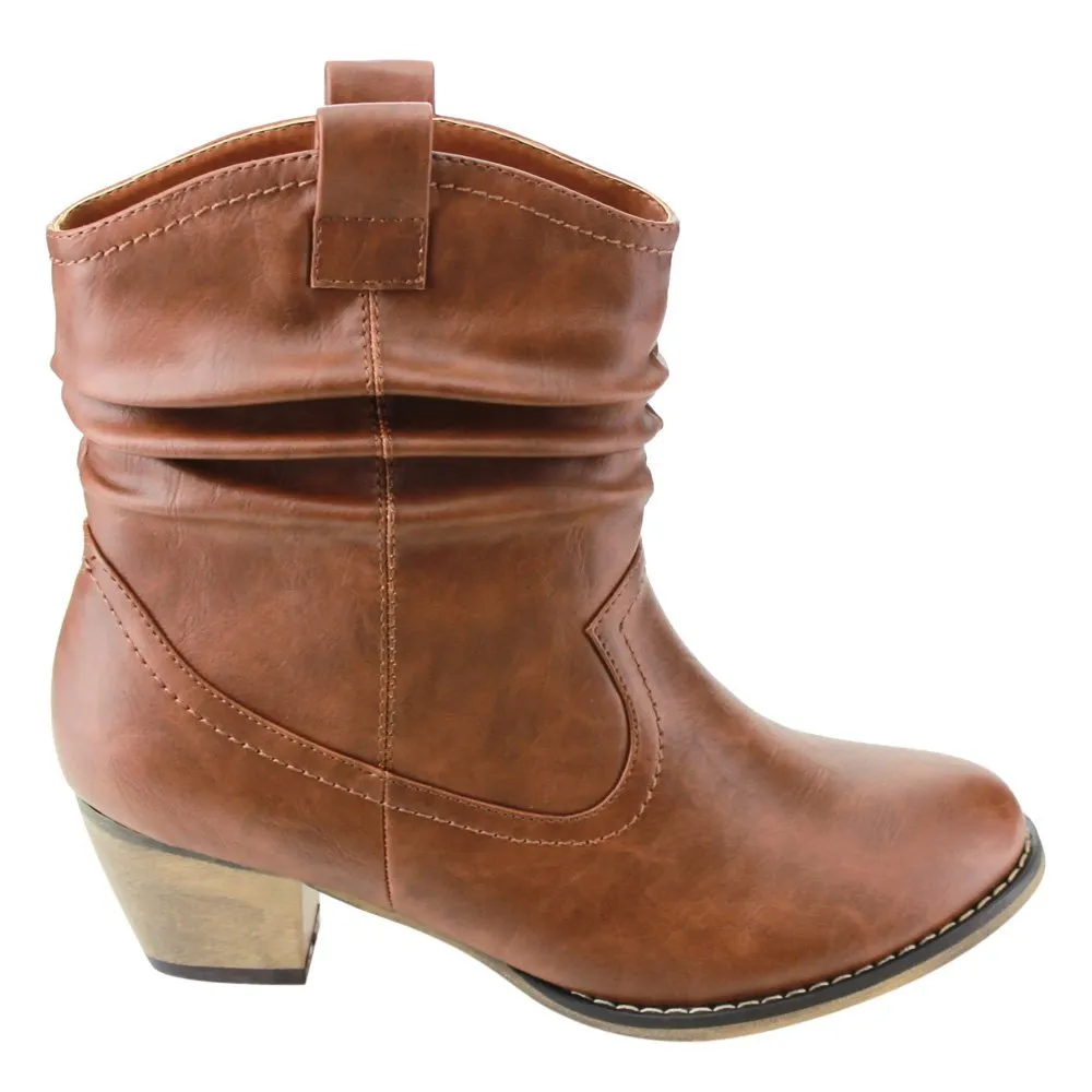 Refresh AD43 Women's Western Cowgirl Pull On Block Heel Slouchy Ankle Booties