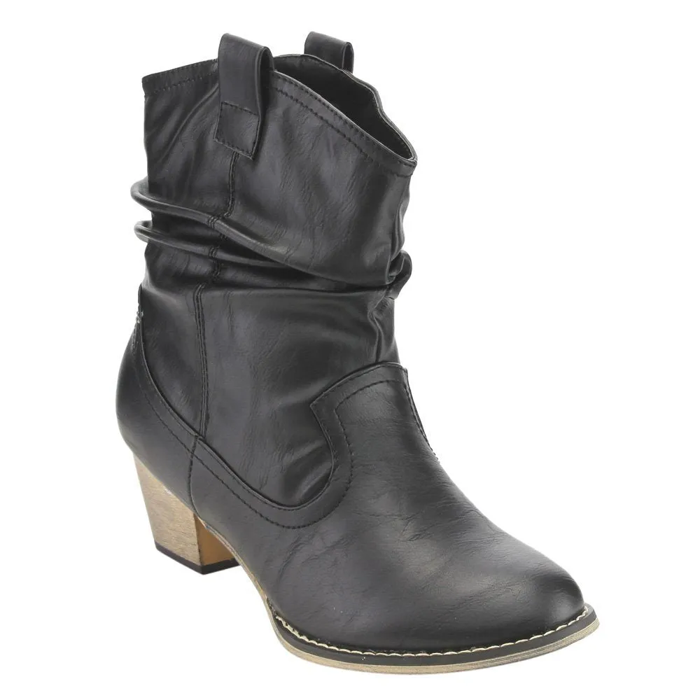 Refresh AD43 Women's Western Cowgirl Pull On Block Heel Slouchy Ankle Booties