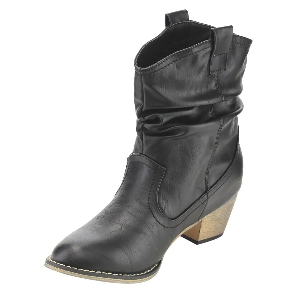 Refresh AD43 Women's Western Cowgirl Pull On Block Heel Slouchy Ankle Booties