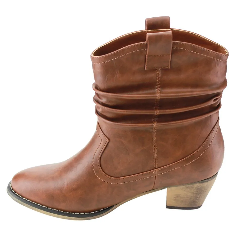 Refresh AD43 Women's Western Cowgirl Pull On Block Heel Slouchy Ankle Booties