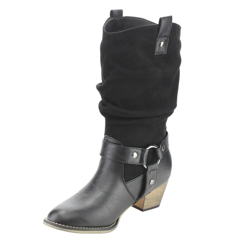 Refresh AD44 Women's Western Cowgirl Pull On Block Heel Slouchy Mid Calf Boots