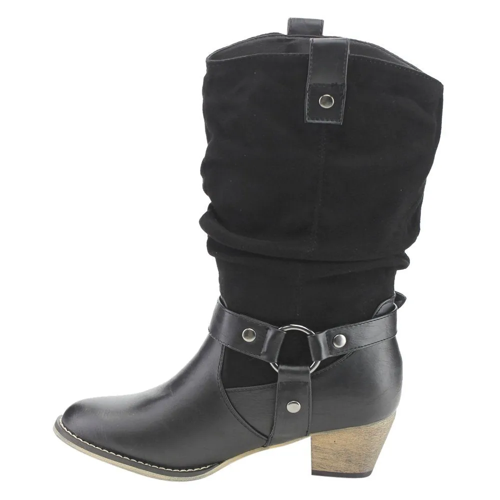 Refresh AD44 Women's Western Cowgirl Pull On Block Heel Slouchy Mid Calf Boots