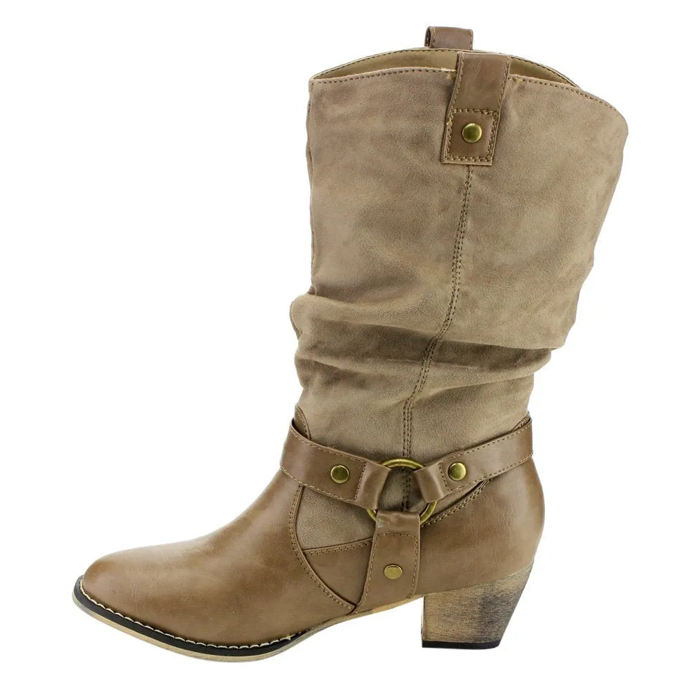 Refresh AD44 Women's Western Cowgirl Pull On Block Heel Slouchy Mid Calf Boots