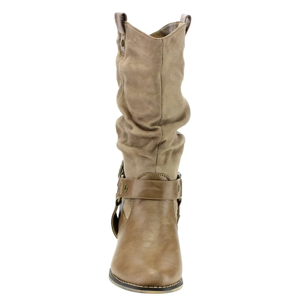 Refresh AD44 Women's Western Cowgirl Pull On Block Heel Slouchy Mid Calf Boots