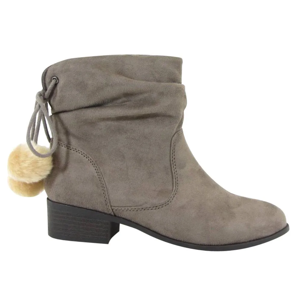 Soda FF26 Women's Slouchy Pom Pom Back Lace Up Block Heel Ankle Booties