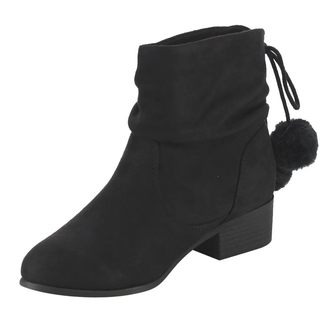 Soda FF26 Women's Slouchy Pom Pom Back Lace Up Block Heel Ankle Booties
