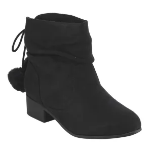 Soda FF26 Women's Slouchy Pom Pom Back Lace Up Block Heel Ankle Booties