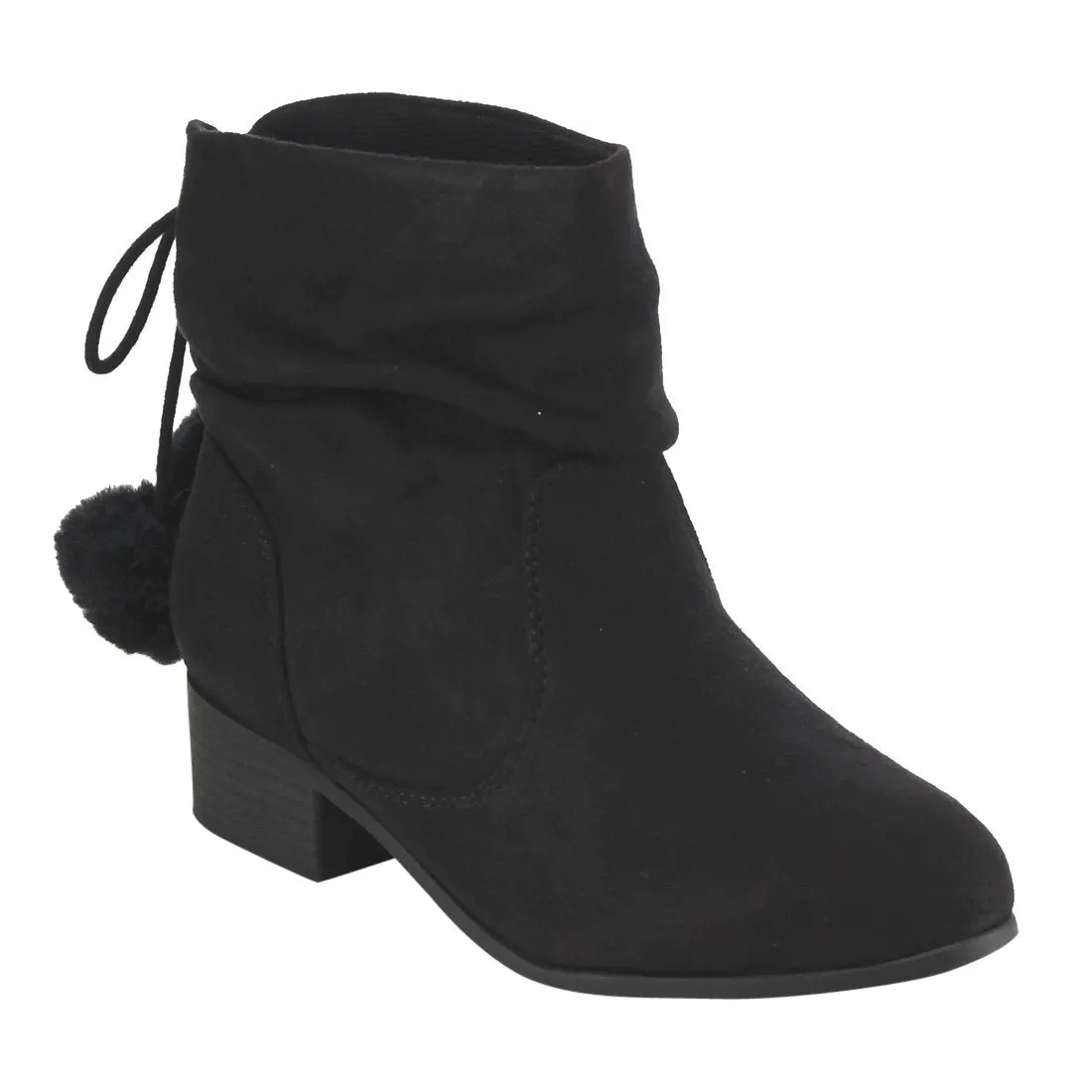 Soda FF26 Women's Slouchy Pom Pom Back Lace Up Block Heel Ankle Booties